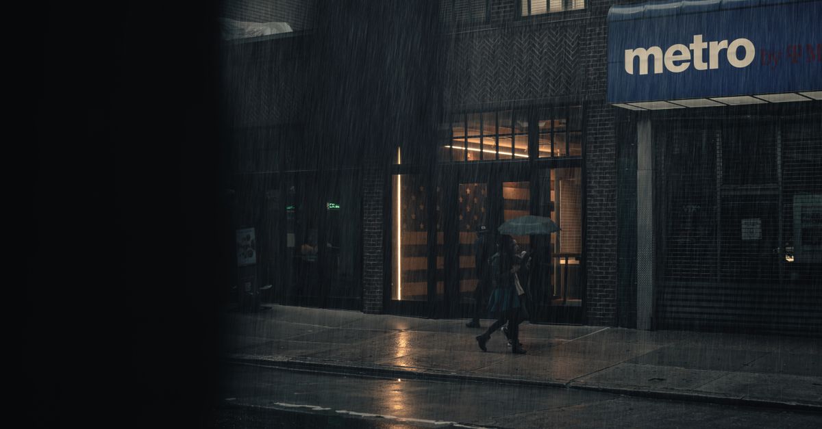 Dark outdoor rainy sidewalk at night