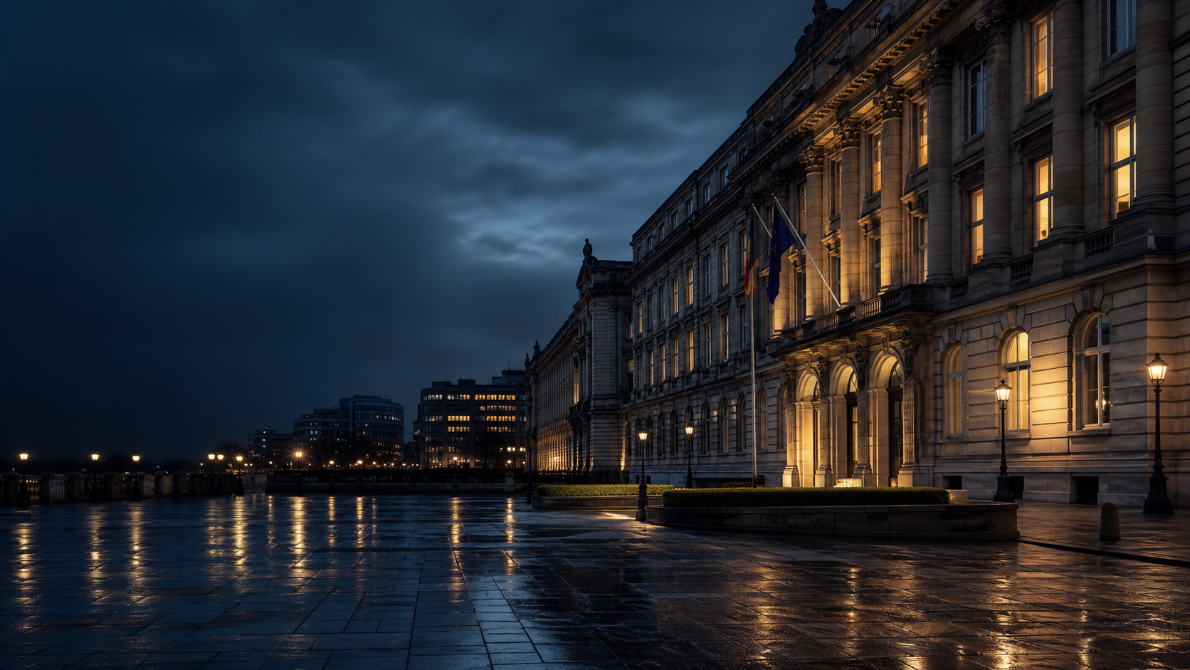 Dark outdoor civic building at night