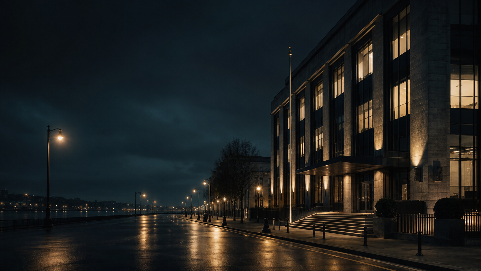 Dark outdoor consulate-style building