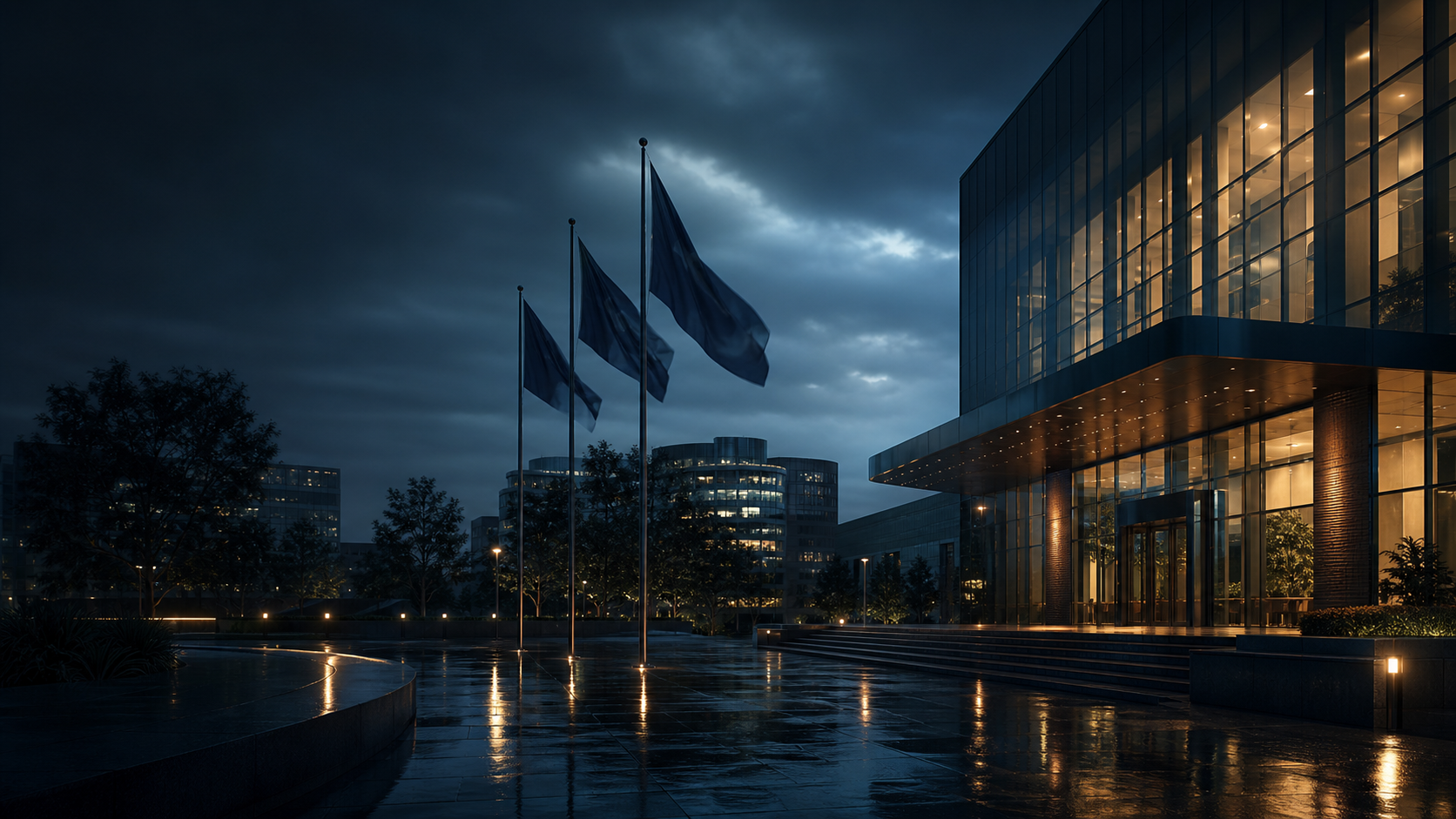 Dark outdoor international office courtyard