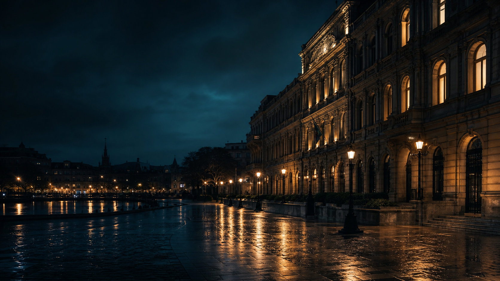 Dark outdoor administrative building by water